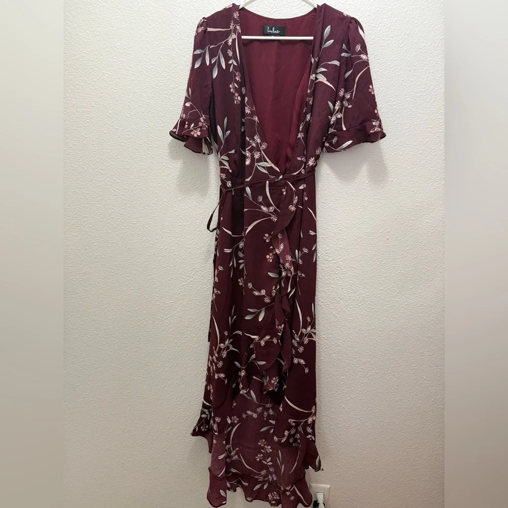 Lulus Wild Winds Burgundy Floral Print High-Low Wrap Dress - Picture 5 of 10